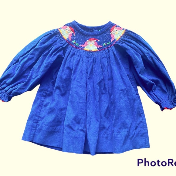 Blue Soft Corduroy Christmas Holly Penguin Santa Smock Dress 9 Month - Picture 3 of 11